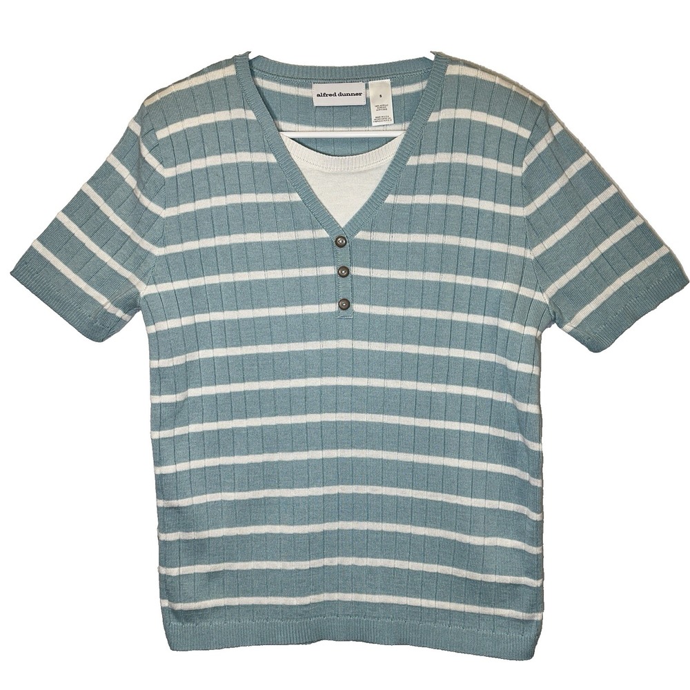 Alfred Dunner Womens S Mint Green Ivory Striped Short Sleeve Sweater Top